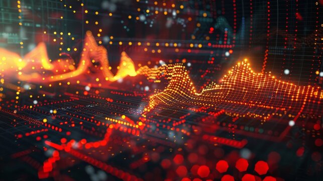 dynamic scatter plot illustrating a robust positive correlation between stock prices and trading volume, featuring red and yellow data points highlighting increased investor activity