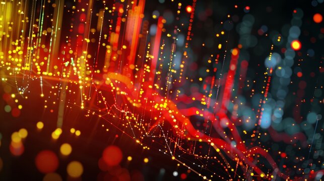 dynamic scatter plot illustrating a robust positive correlation between stock prices and trading volume, featuring red and yellow data points highlighting increased investor activity
