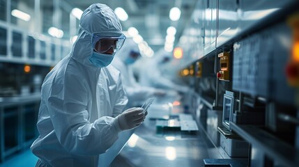 Obraz premium Focused lab technician in protective gear working diligently in a high-tech cleanroom, essential for research and manufacturing in pharmaceuticals or electronics.