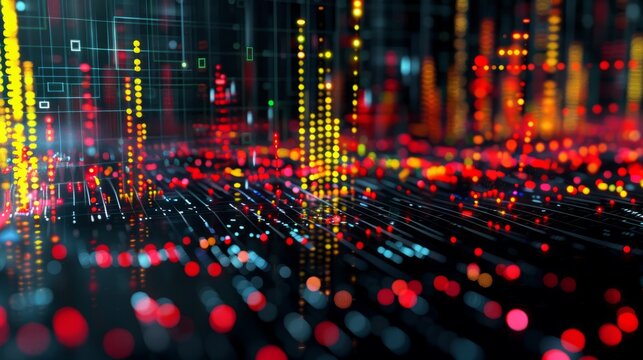 dynamic scatter plot illustrating a robust positive correlation between stock prices and trading volume, featuring red and yellow data points highlighting increased investor activity