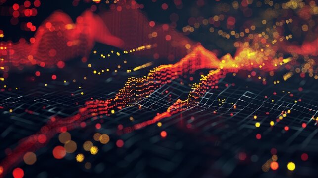 dynamic scatter plot illustrating a robust positive correlation between stock prices and trading volume, featuring red and yellow data points highlighting increased investor activity