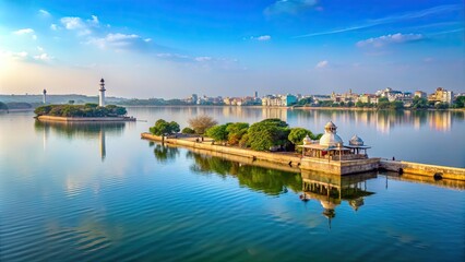 Naklejka premium Scenic view of Hussain Sagar Lake in Hyderabad, India , Hyderabad, Telangana, India, tourist attraction