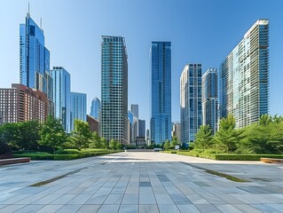 Skyline of a Thriving Financial District with Sleek Skyscrapers and Corporate Offices