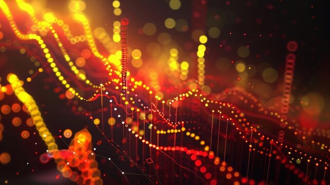 dynamic scatter plot illustrating a robust positive correlation between stock prices and trading volume, featuring red and yellow data points highlighting increased investor activity