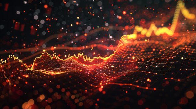 dynamic scatter plot illustrating a robust positive correlation between stock prices and trading volume, featuring red and yellow data points highlighting increased investor activity