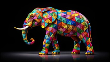 Obraz premium Geometric multicolored elephant with vibrant mosaic patterns on black background, elephant,geometric