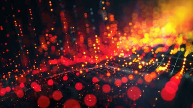 dynamic scatter plot illustrating a robust positive correlation between stock prices and trading volume, featuring red and yellow data points highlighting increased investor activity