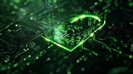 A detailed illustration of a green lock icon with digital data patterns, representing the importance of data security and eco-friendly encryption methods.