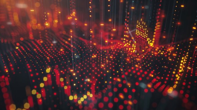 dynamic scatter plot illustrating a robust positive correlation between stock prices and trading volume, featuring red and yellow data points highlighting increased investor activity