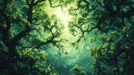 Fototapeta premium A vibrant illustration of a lush green forest with a web of interconnected branches, representing the interconnectedness of nature.