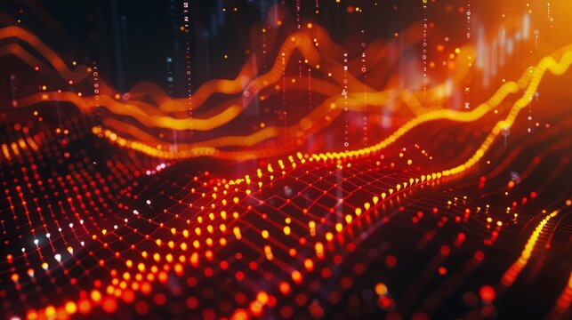 dynamic scatter plot illustrating a robust positive correlation between stock prices and trading volume, featuring red and yellow data points highlighting increased investor activity