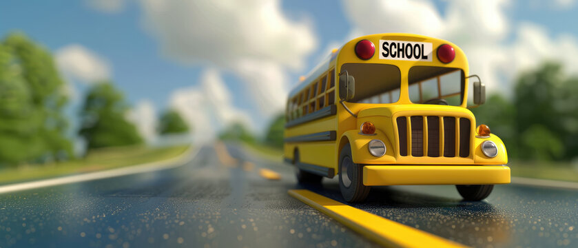 A  yellow school bus on the road with a blurred background in the style of a cute cartoon style in a close up
