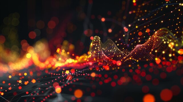 dynamic scatter plot illustrating a robust positive correlation between stock prices and trading volume, featuring red and yellow data points highlighting increased investor activity