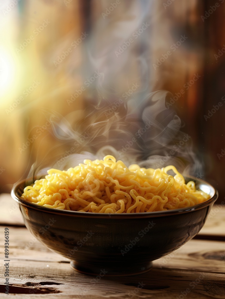 Poster A steaming bowl of instant noodles rests on a rustic wooden table, inviting warmth and comfort for a simple meal. Generative AI