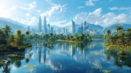 Fototapeta premium Modern Cityscape with Lush Greenery and a Serene Lake