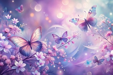 Delicate abstract butterflies and blooming flowers swirl together in a whimsical dance, surrounded by soft purple and pink hues, evoking a sense of serenity and beauty.