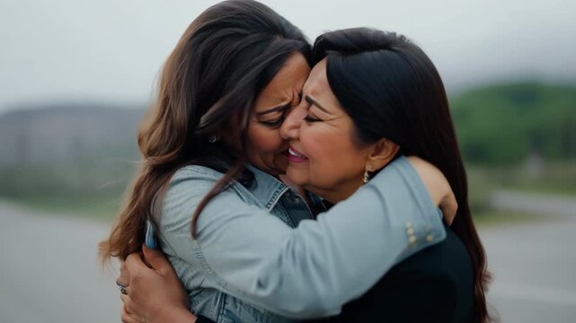 Hispanic females sobbing and embracing