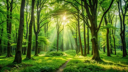 Naklejka premium Lush green forest with abundant trees, nature, foliage, woods, growth, environment, lush, dense, greenery, trees