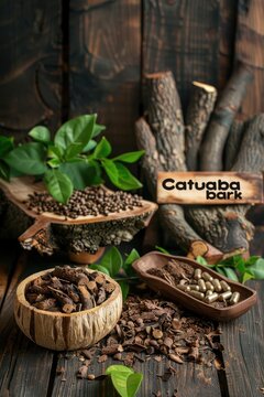 Catuaba bark in supplement capsules. Selective focus.