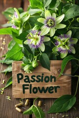 Passionflower flowers capsules supplements on the table. Selective focus.