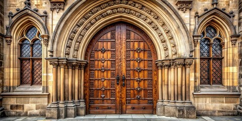 Obraz premium Entrance to a beautiful old church with ornate wooden doors , Church, entrance, doorway, architecture, historic, religion