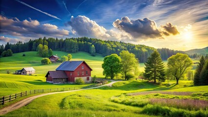 Summer getaway to a peaceful countryside farm with fields of green meadows