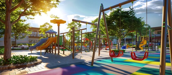 A sunny outdoor playground with swings, slides, and a jungle gym. The area is designed for children to play and interact, with vibrant colors and a cheerful vibe.