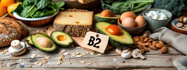 Vitamin B2 products on the table. Selective focus.