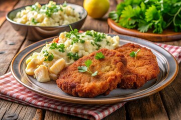 Fototapeta premium Delicious breaded pork cutlets served with creamy potato salad, garnished with fresh herbs, on a plate, showcasing traditional hearty Czech culinary flavors and presentation.