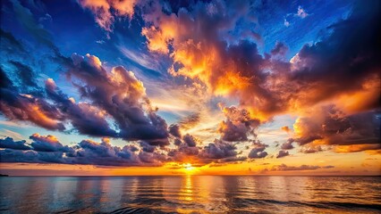Dramatic sunset evening sky with fluffy clouds and a tranquil sea , sunset, evening, sky, clouds, summer, aerial, nature