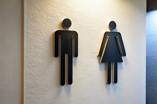 Modern minimalist restroom sign featuring flat black male and female silhouettes stuck to a plain wall, indicating separate bathrooms.