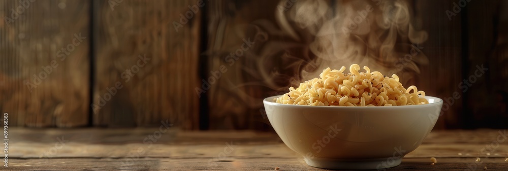 Poster a bowl of steaming instant noodles sits invitingly on a rustic wooden table, releasing flavorful aro