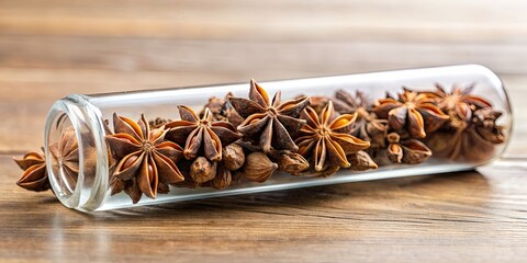 Test tube filled with dried anise spice , anise, spice, test tube, dried, ingredient, aromatic, flavor, seasoning, cooking, culinary
