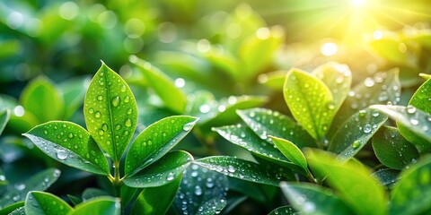 Green leaves with morning dew close up of plant foliage nature background freshness and growth concept Creative AI