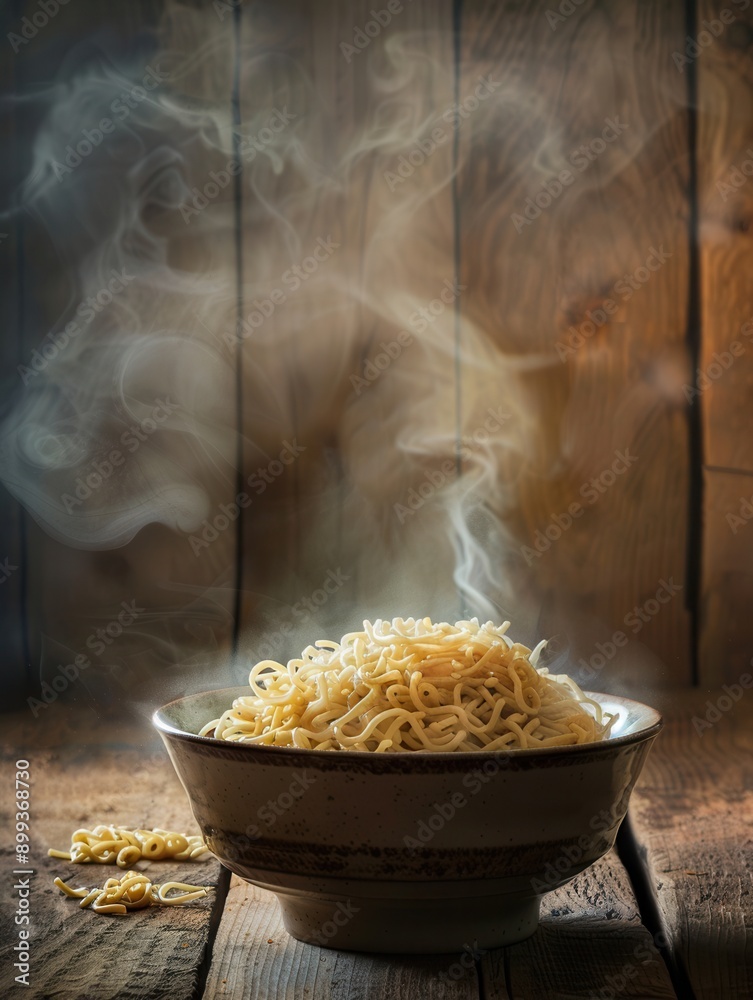 Aufkleber A bowl filled with steaming instant noodles placed on a rustic wooden table, creating a warm, inviting atmosphere for a quick meal. Generative AI