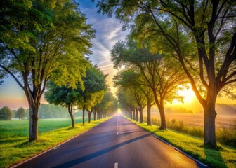 Fototapeta premium Serene morning landscape with empty road and trees, suggesting a peaceful jogging scene, evoking feelings of health, wellness, and joy, without any human presence.