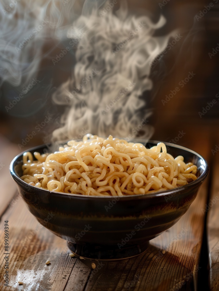 Poster a steaming bowl of instant noodles sits on a wooden table, emitting fragrant steam, inviting you to 