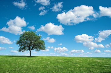 Obraz premium A bright blue sky with white clouds, a green grassy field and one tree 