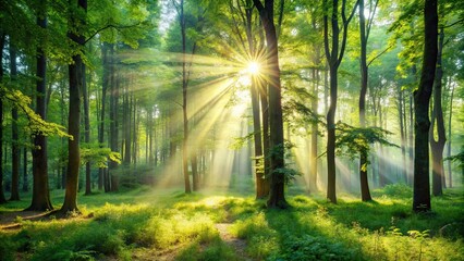 Obraz premium Serene forest clearing with sunlight streaming , Trees, grassy meadow, forest, sunlight, nature, peaceful, tranquil