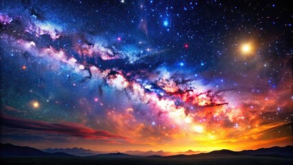 Naklejka premium A mesmerizing starry night sky with a colorful galaxy and bright shining stars, galaxy, stars, night, mesmerizing, astronomy