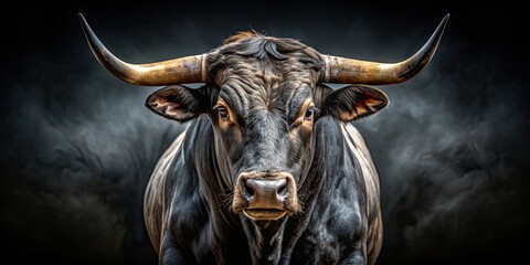 A fierce bull with large, intimidating horns , wildlife, animal, livestock, strength, power, aggressive, nature, bullfight