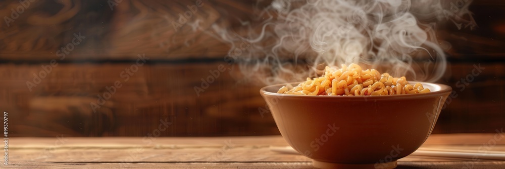 Poster a hot bowl of instant noodles emits steam, resting on a rustic wooden table, inviting for a quick an