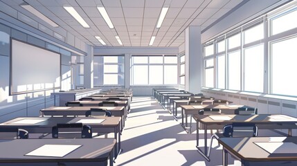 Empty Classroom with Sunlight Streaming Through Windows