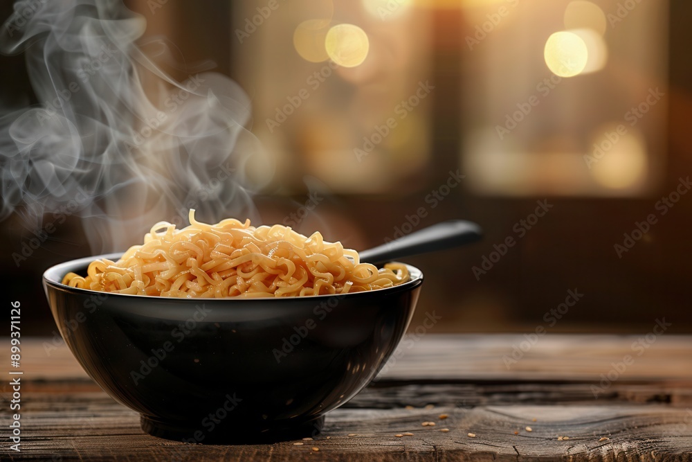 Poster a bowl of steaming instant noodles sits on a wooden table, inviting warmth and comfort in a cozy ind