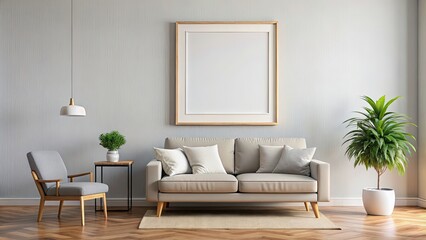 Blank picture frame hanging on living room wall with decorative mockup, empty, frame, wall decor