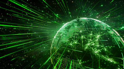 Obraz premium Composition of spheres green curved lines and points on a black background,Futuristic abstract blurred space composition.,3D rendering, Green glowing futuristic quantum network, computer generated 