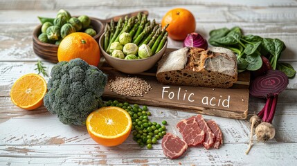 Folic acid in foods is on the table. Selective focus.