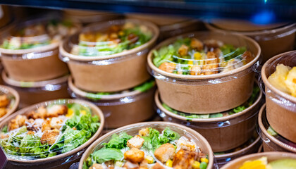 Vegetable salads displayed in a commercial refriger