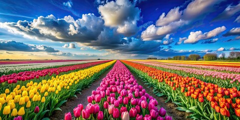 Vibrant tulip field under a blue sky with clouds, tulips, spring, nature, agriculture, floral, colorful, bloom, scenery, landscape