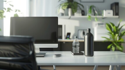 Fototapeta premium Modern Minimalist Home Office Desk Setup with Computer and Plants